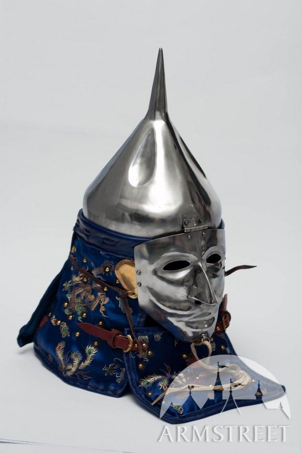 Functional medieval asia mongol combat helmet with face-mask visor