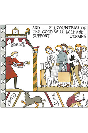 Bayeux tapestry-themed t-shirts and bags from Ukraine
